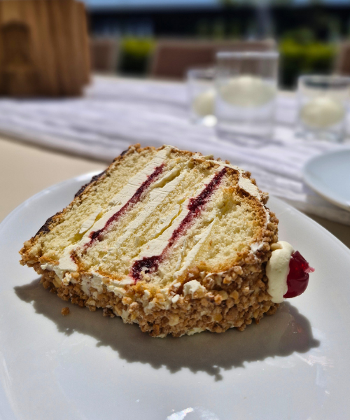 Kleine Obsttorte mit glänzenden Kirschen, umgeben von gehackten Pistazien und mit einem mit Puderzucker bestäubten Blumenplätzchen oben drauf.