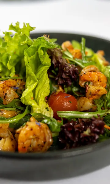 Vorspeise mit Salat und Garnelen beim Menü Catering